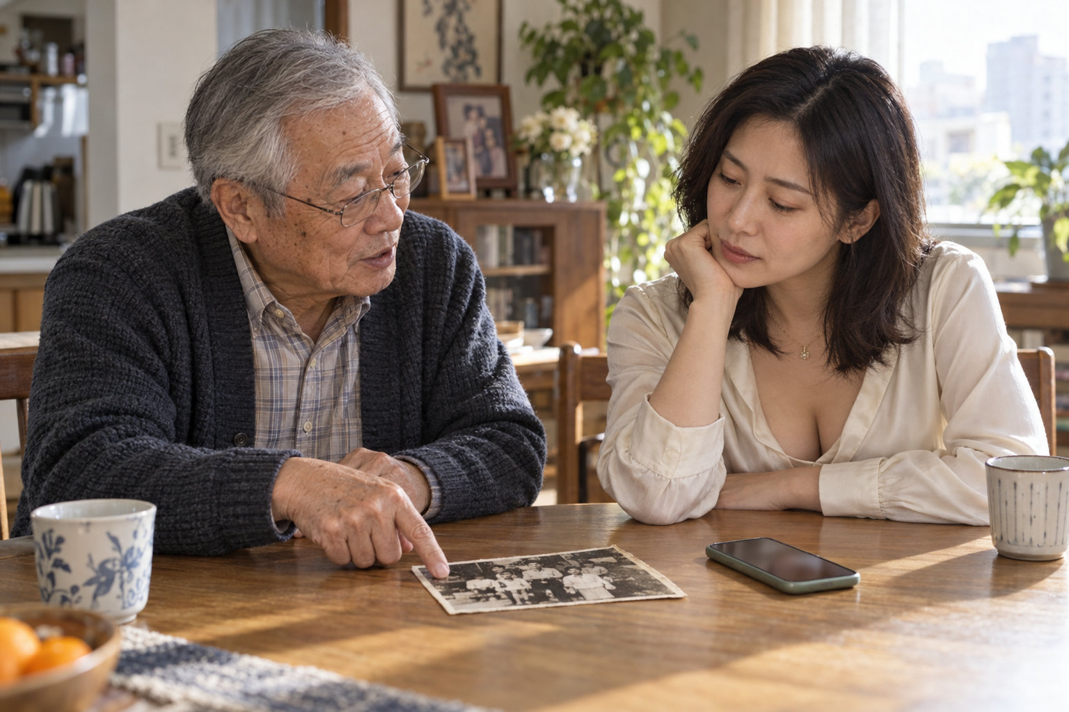 An older man points to a printed photograph while an adult listens, with a phone on the table