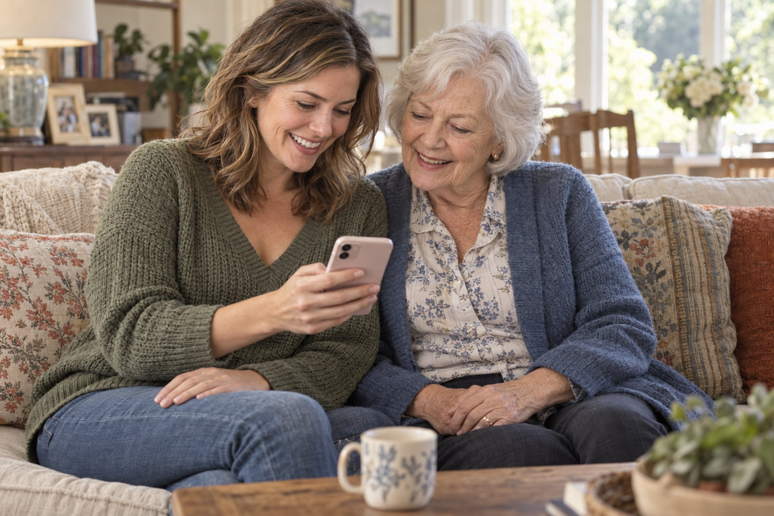 Two adult women sit together on a sofa and look at one phone