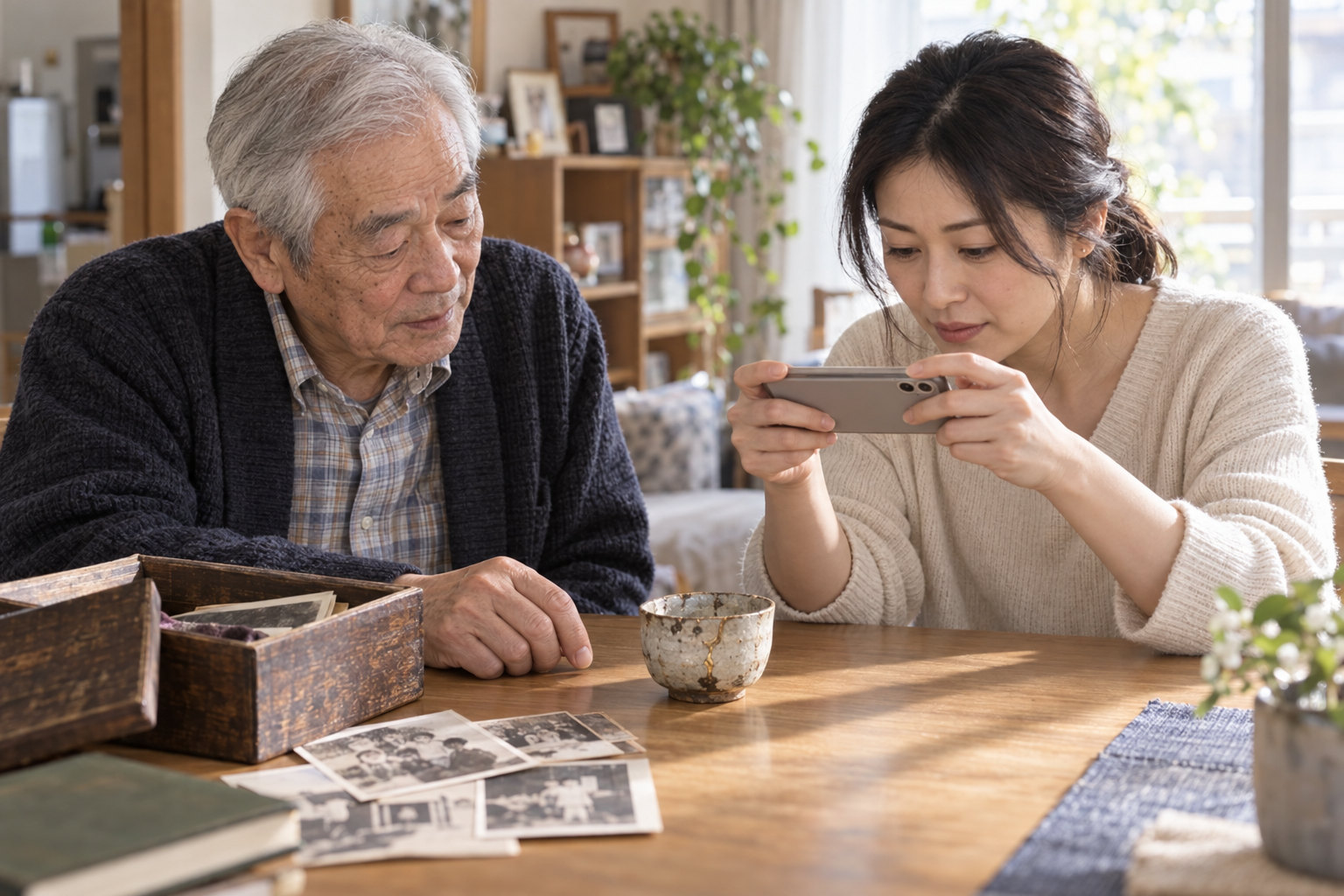 An adult holds a phone horizontally above printed photographs while an older man watches