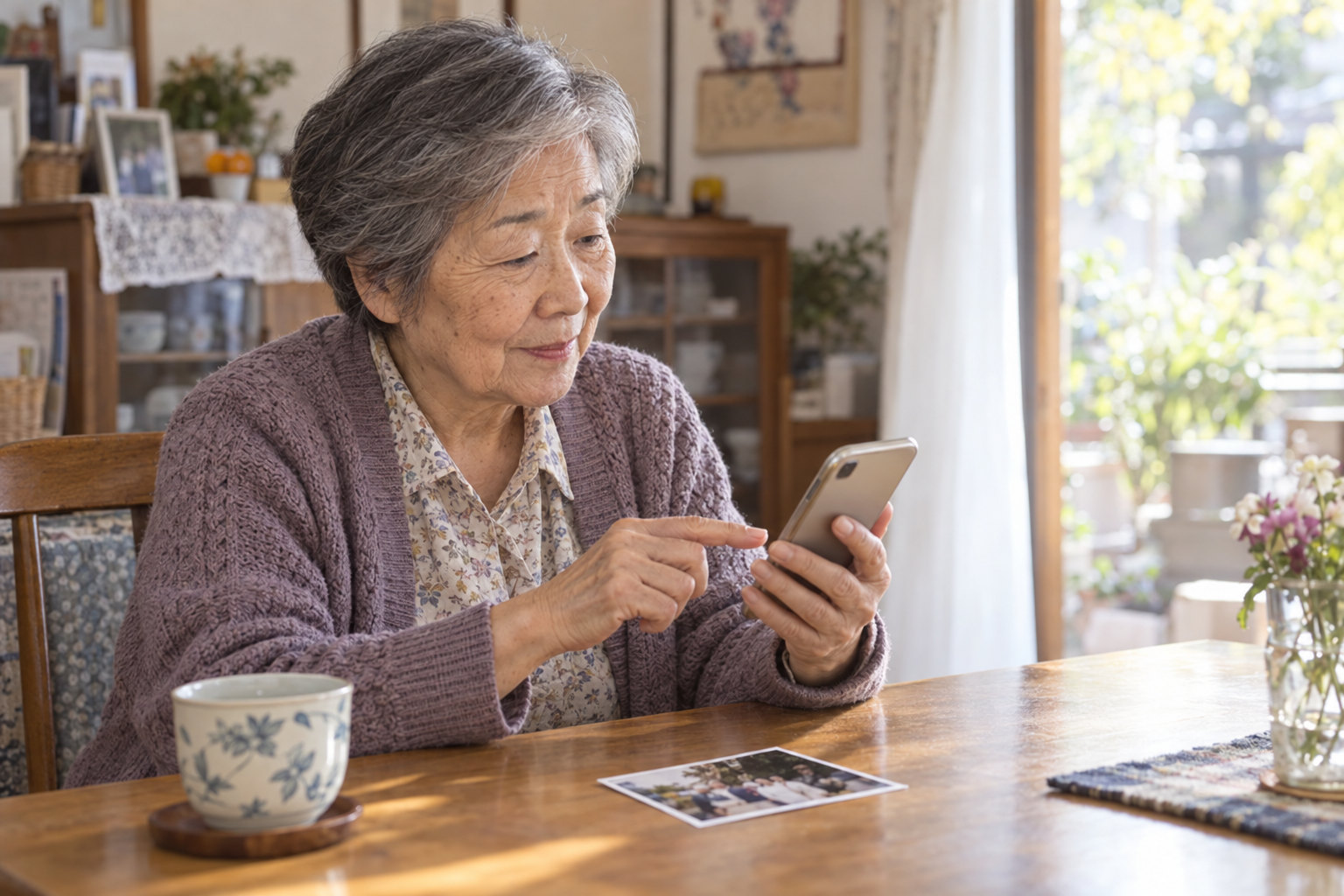 An older woman looks at and taps a phone by herself, beside a printed photograph on the table